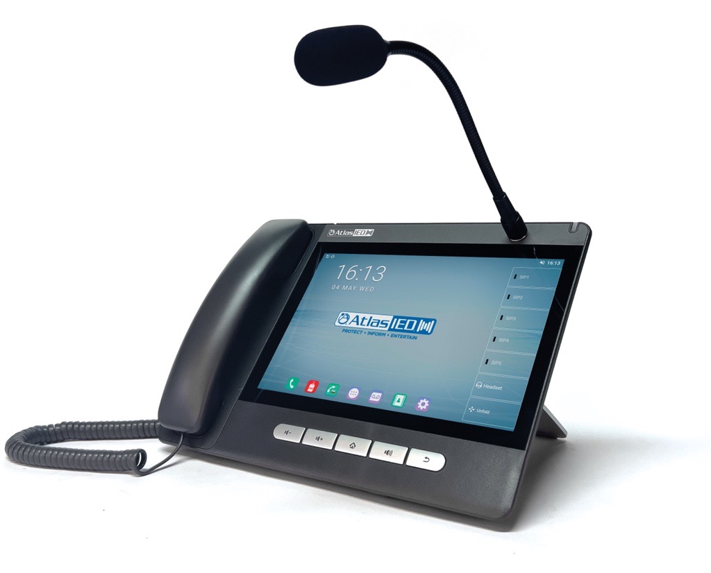 AtlasIED product showing PoE IP console with gooseneck mic and handset 